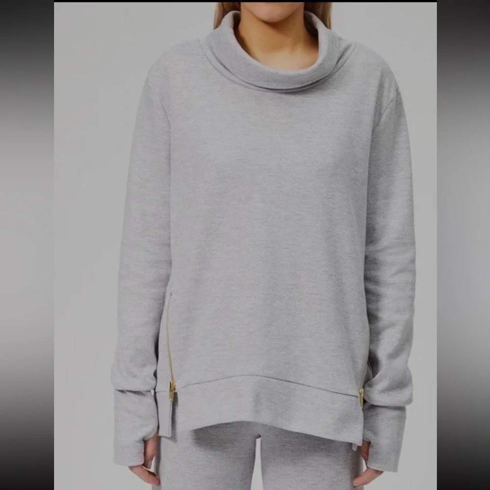 Varley Clement Cowl Neck Sweater Grey Textured Side Zip Pullover XS